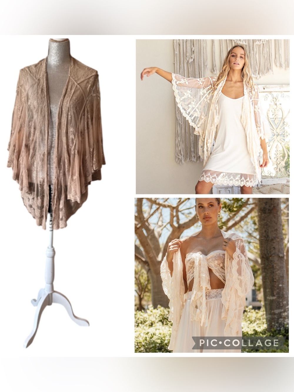Purity Lace Designs Adelle Kimono Latte Sheer Lace Boho Bell Sleeve Size OS - Picture 8 of 8